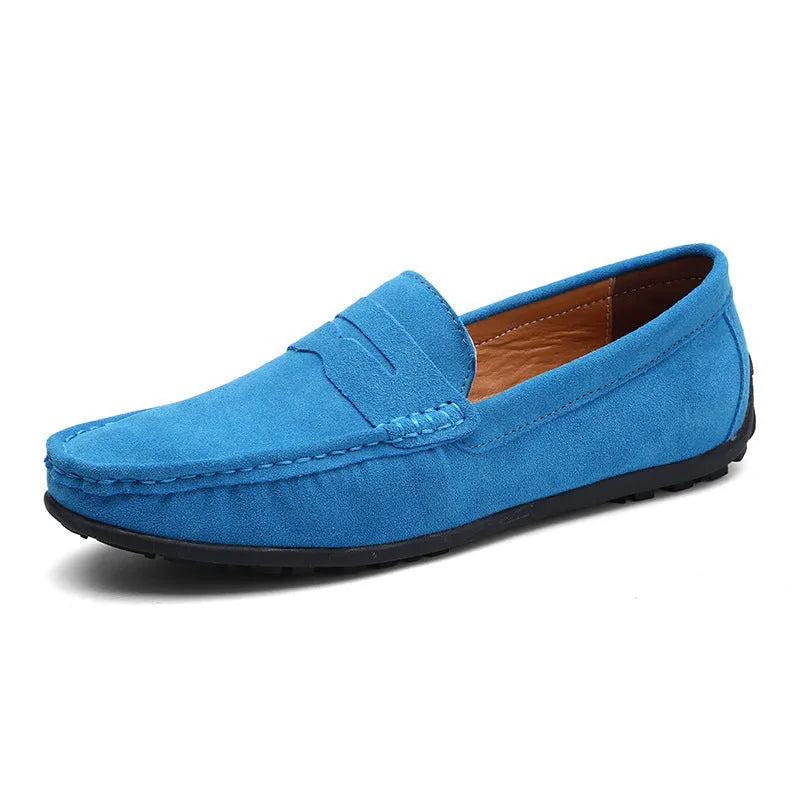 Men's brown suede casual loafers with flat rubber sole and round toe on a white background