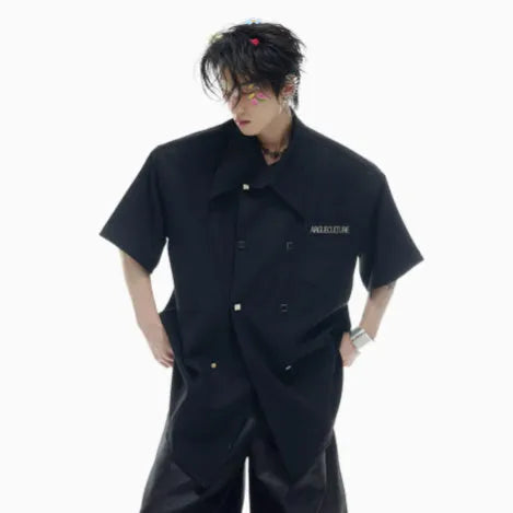 Men's loose fit short-sleeved summer shirt in high-count cotton blend with splicing detail and metal buttons