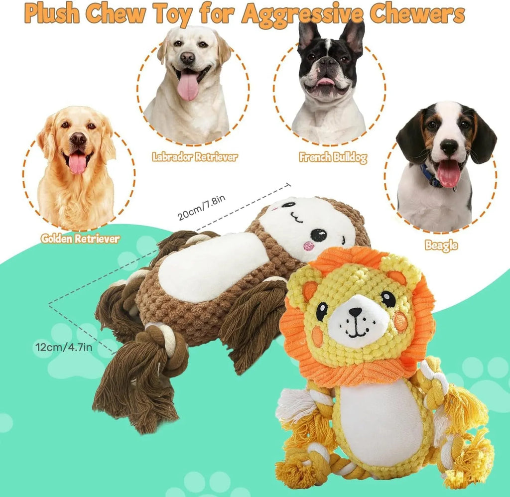 Lion and monkey stuffed squeaky dog toys bundle for medium to large dogs
