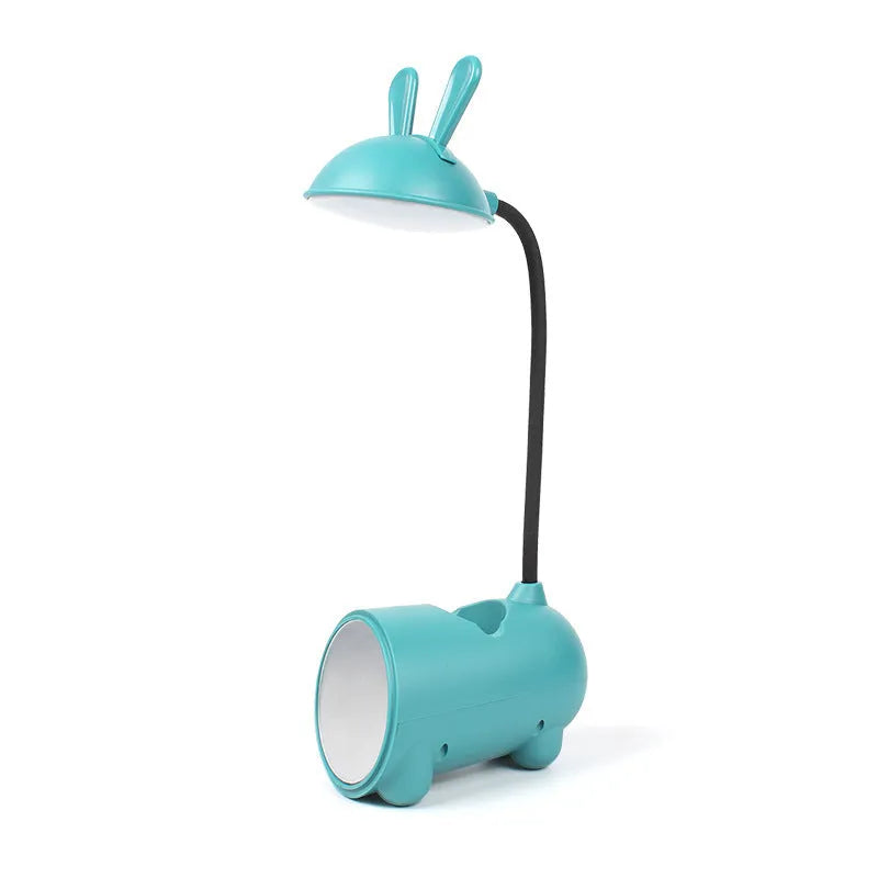 Cartoon-style USB desk lamp with pen container in green, dark blue or pink colour options