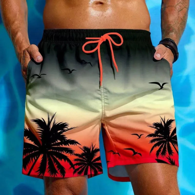 Men's loose board swimming trunks in an ethnic style, made from blue polyester fabric, shown on a size chart.