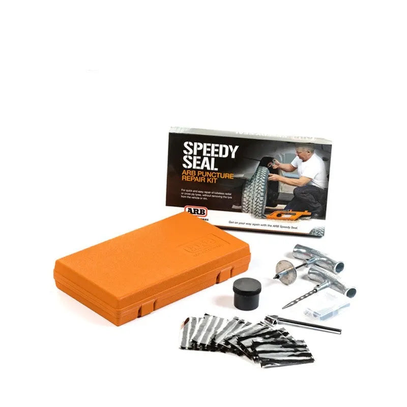 Speedy Seal emergency car tyre repair tool kit in a compact case with hex wrench, knife, pressure gauge, pliers, and reamer tools.
