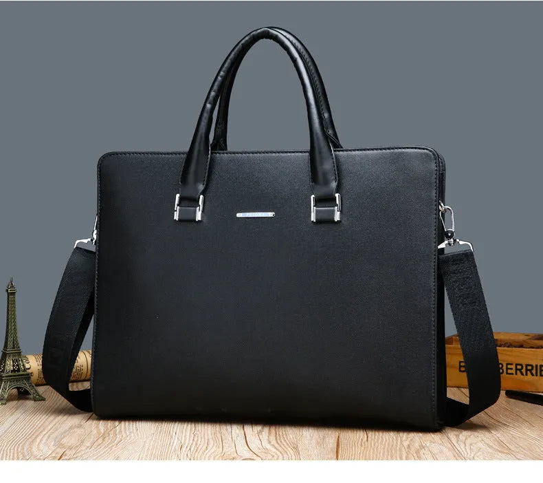 One-shoulder cross-slung male business briefcase in PU leather, horizontal square shape, black colour, zipper closure, stitched detailing