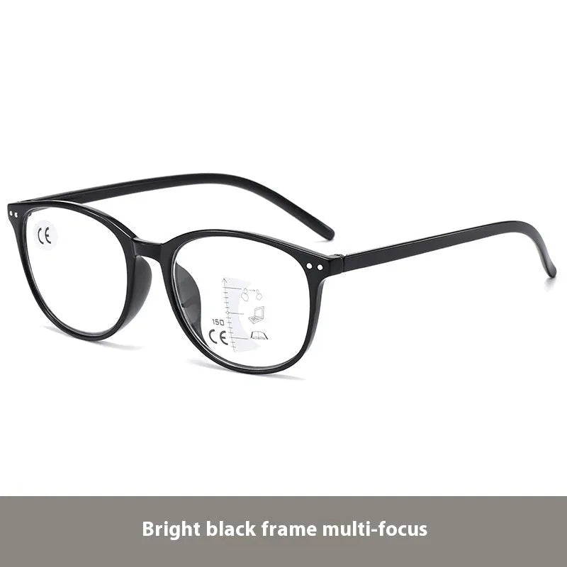 Woman wearing ultra-lightweight multi-focus presbyopic glasses with a black frame.