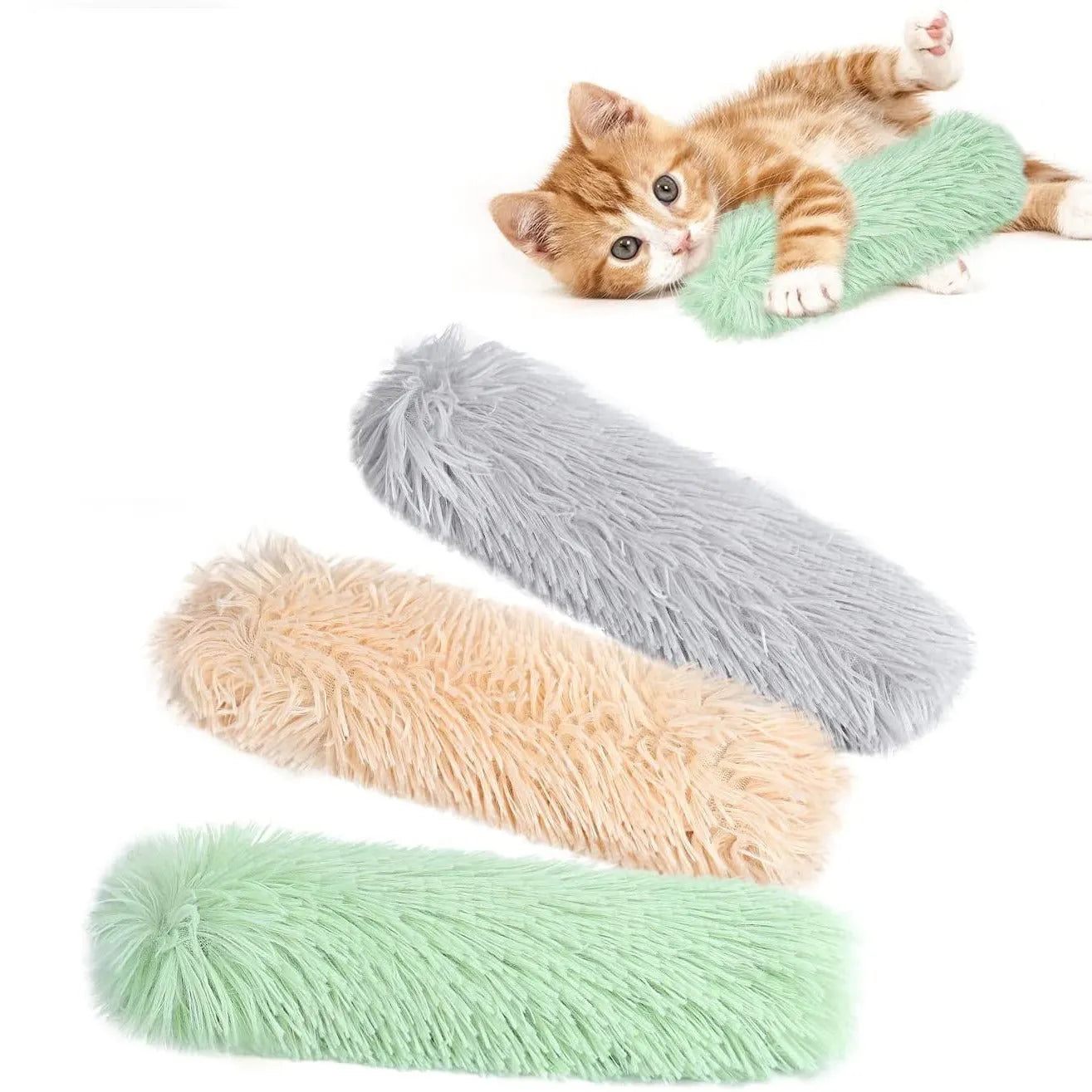 Blue, green, pink, and white plush cat toy pillow measuring 27cm by 10cm.