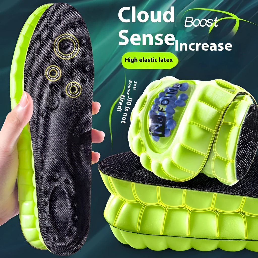 Green PU air cushion sports insoles with a thickened design for shock absorption and breathability.