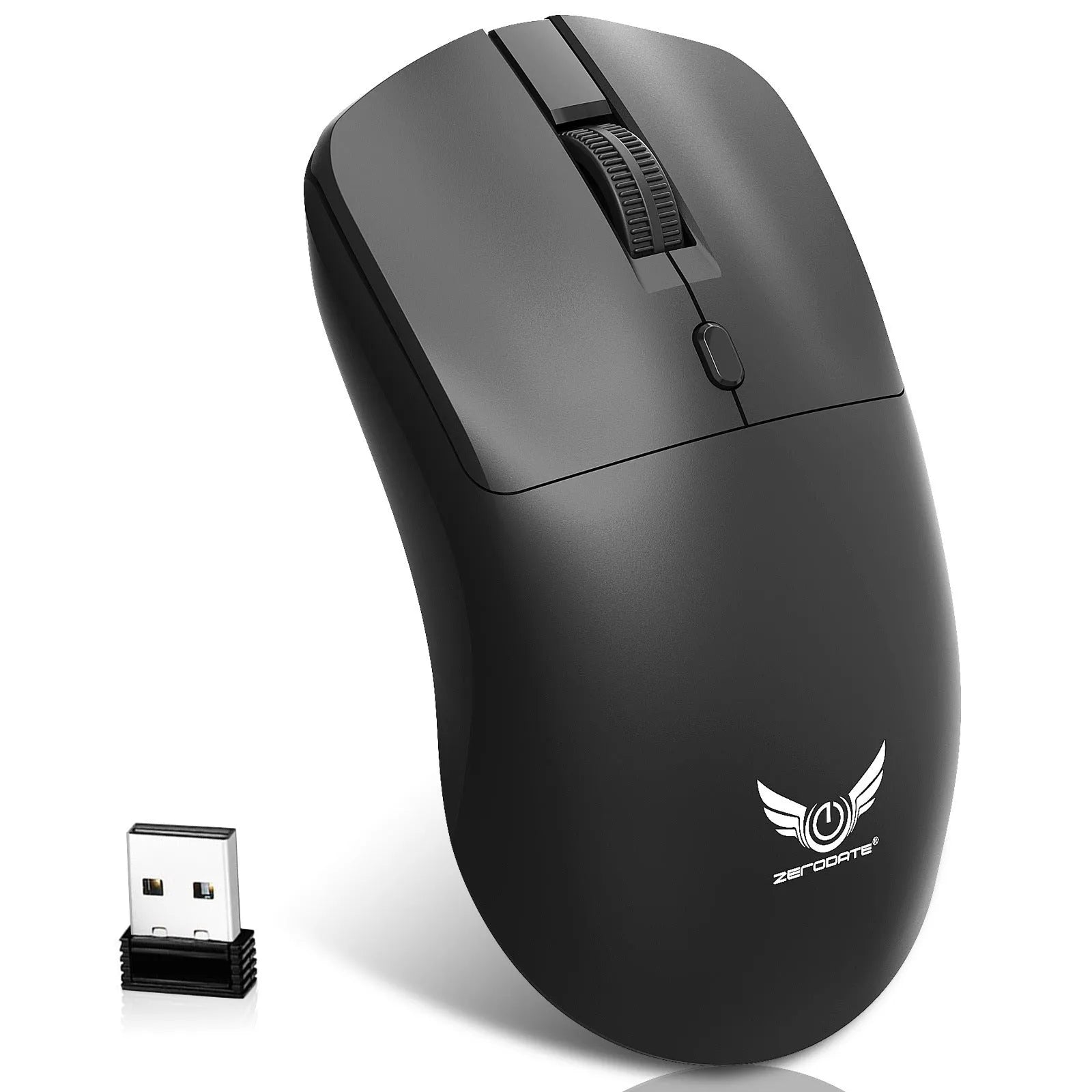 Black wireless computer mouse with three buttons for laptop connectivity
