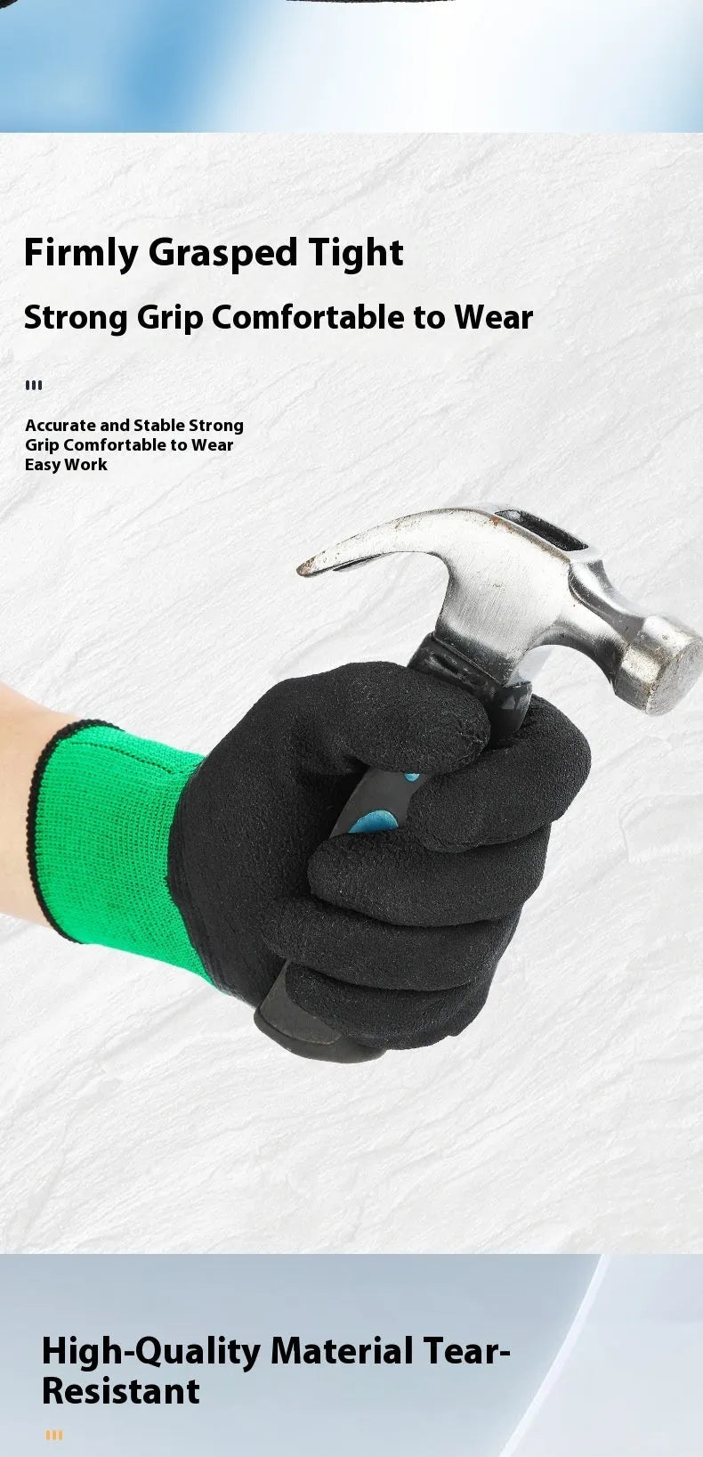 Black and green rubber work gloves for wear-resistant, non-slip hand protection on construction sites and gardens.