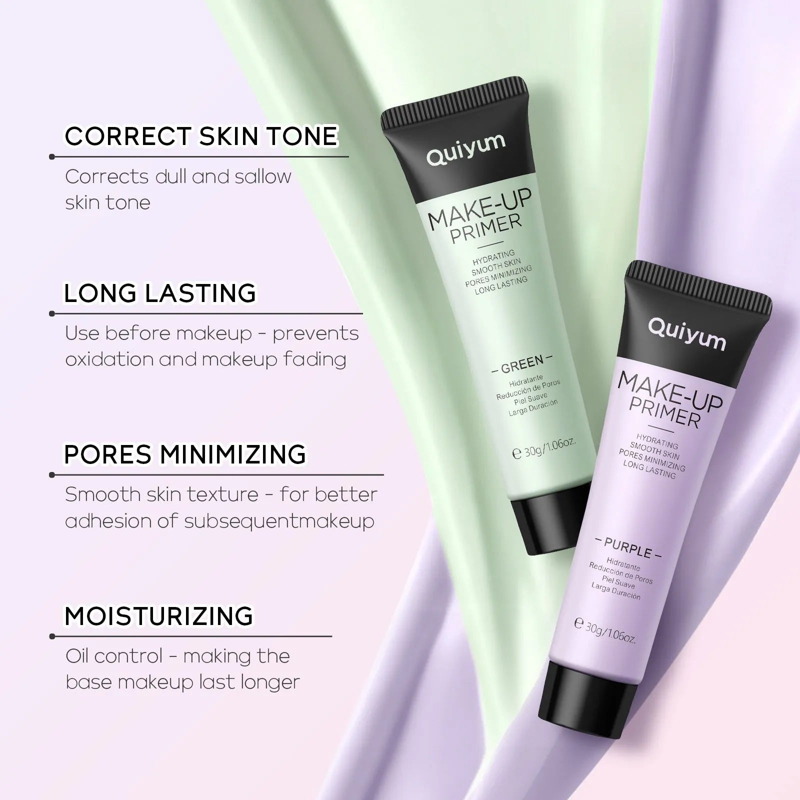 30g tube of colour correcting makeup primer showing green, pink, and purple shades