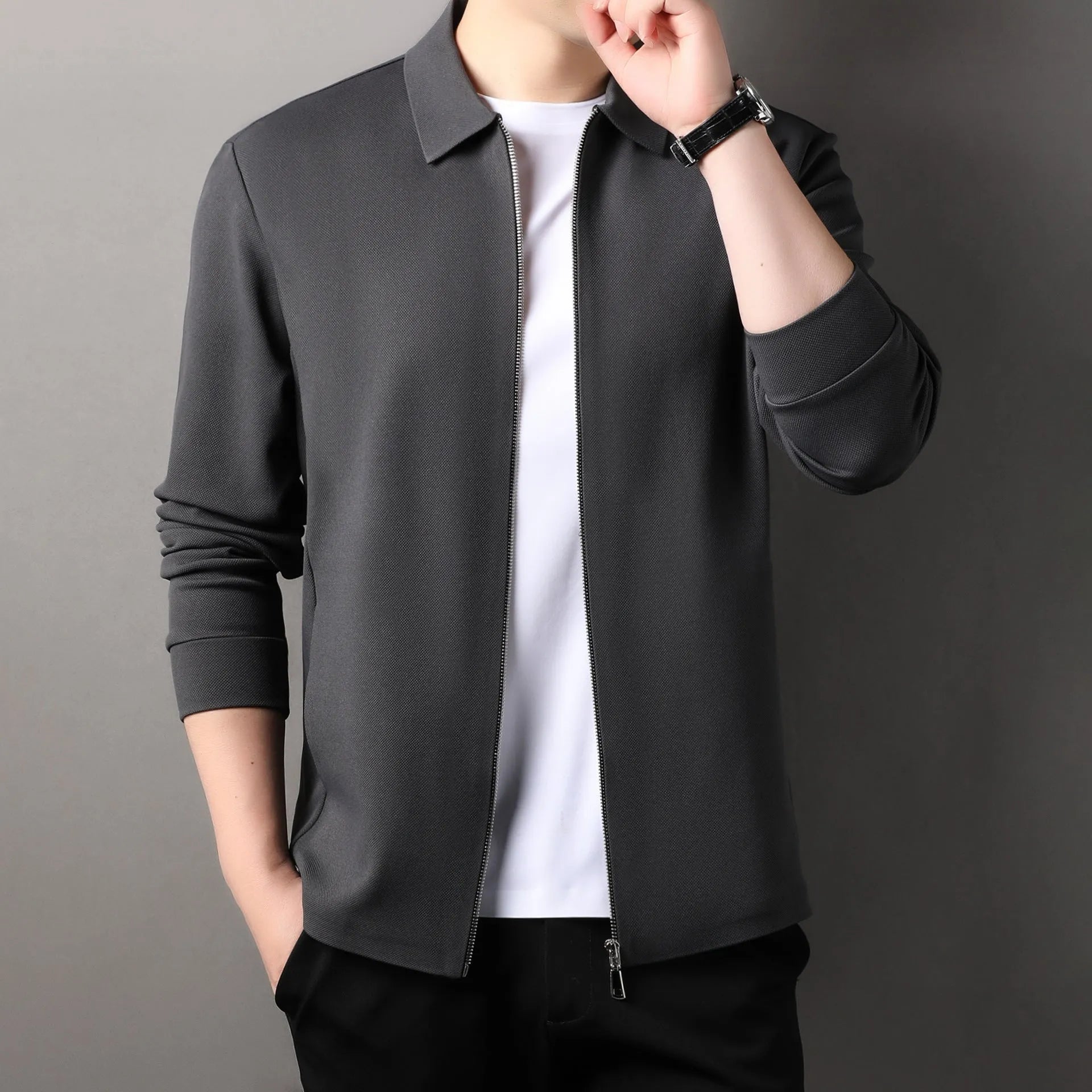 Men's collared business casual jacket in polyester, shown in black, dark grey, and apricot colours.