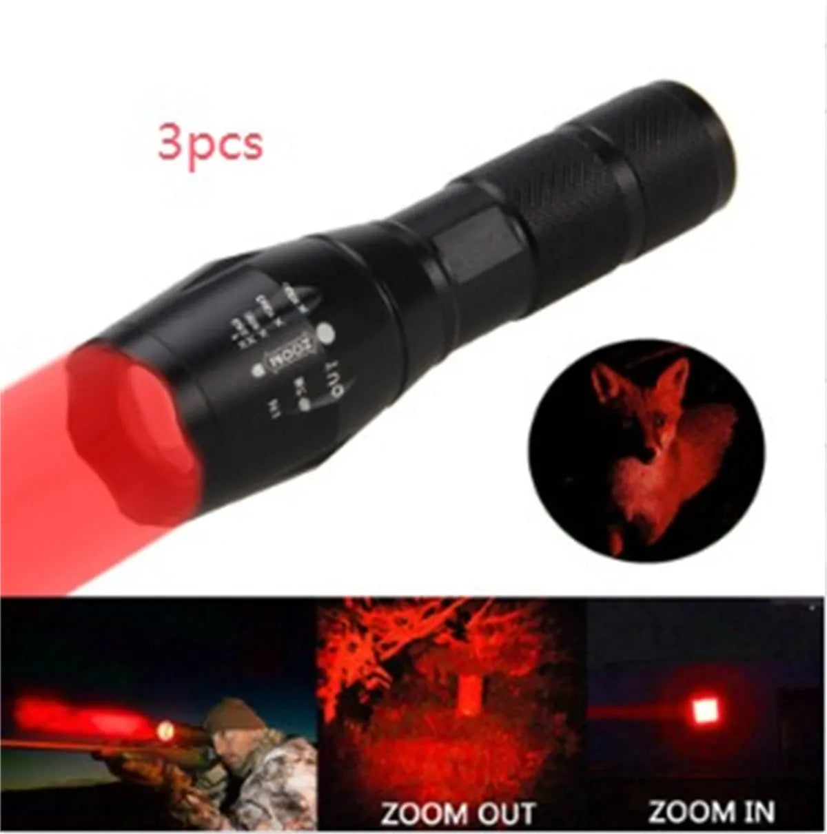 Black aluminum alloy zoom flashlight with adjustable head for focus, shown with beam reaching into distance.