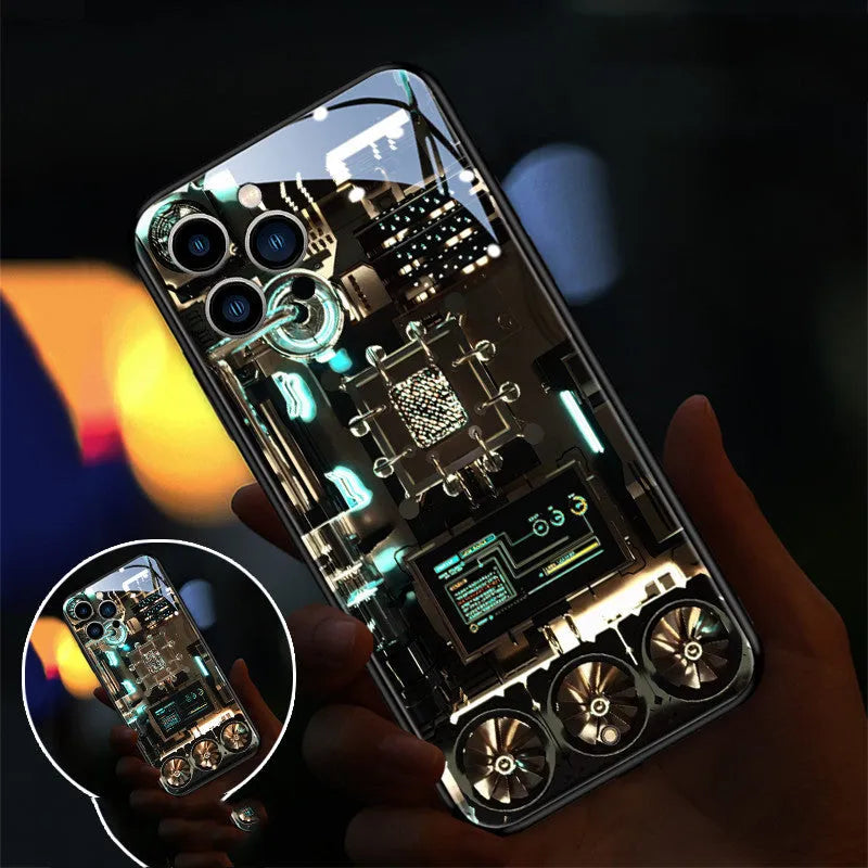Xpress 14 tempered glass iPhone case with yellow diamond grid design showing light alert feature.