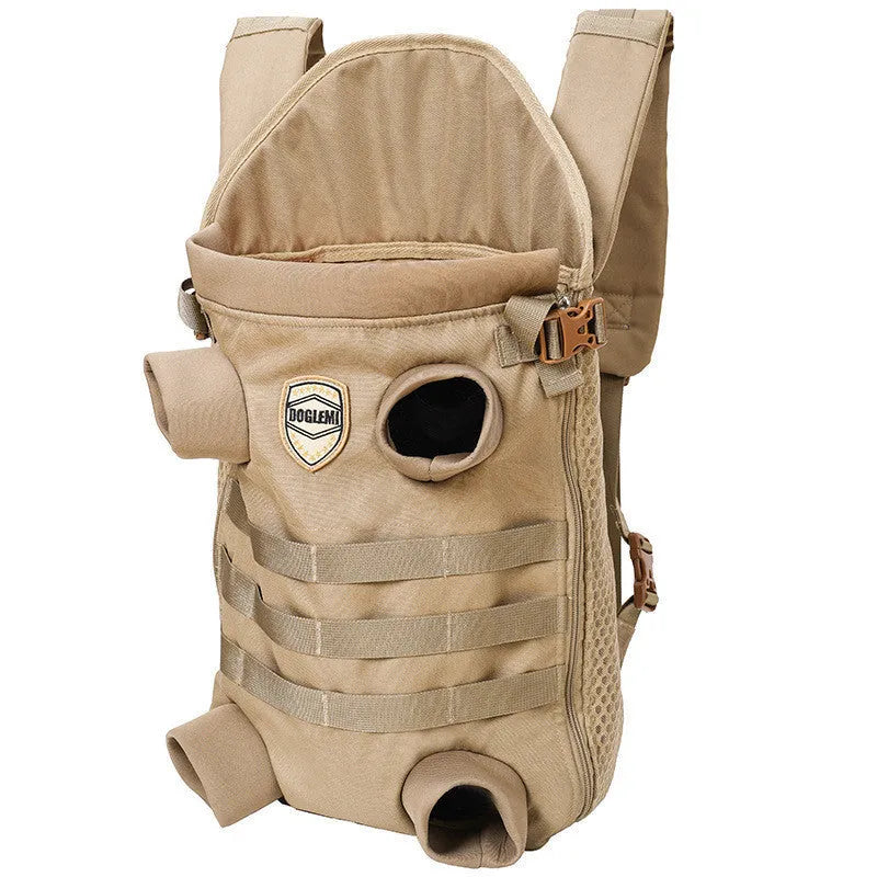 Khaki polyester pet dog backpack for medium dogs, breathable design, available in two sizes for 9-16kg pets