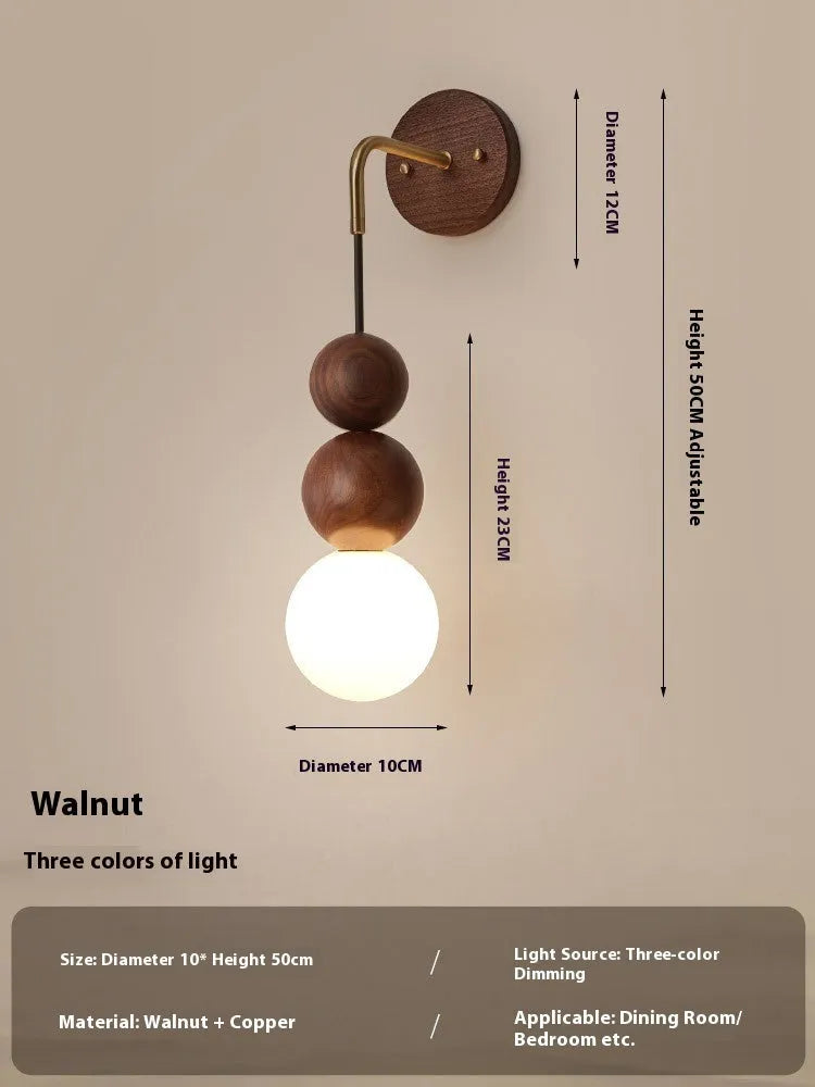 Wood and copper wall lamp with suspension wire and tricolour lighting, 10cm diameter 50cm height
