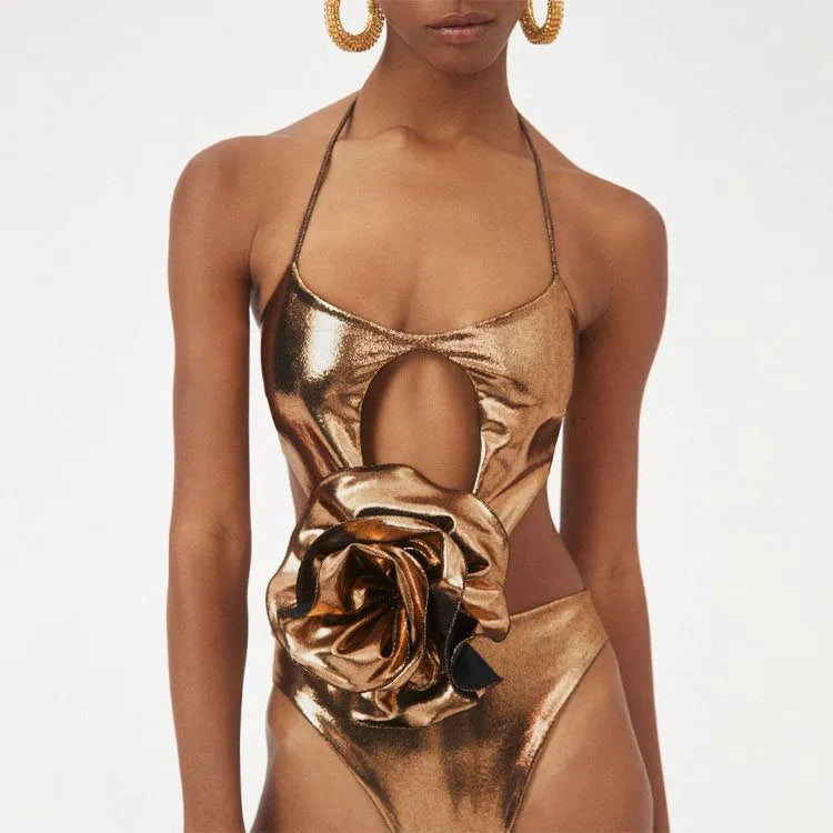 Gold handmade hollow-out halter one-piece swimsuit for swimming and wading sports