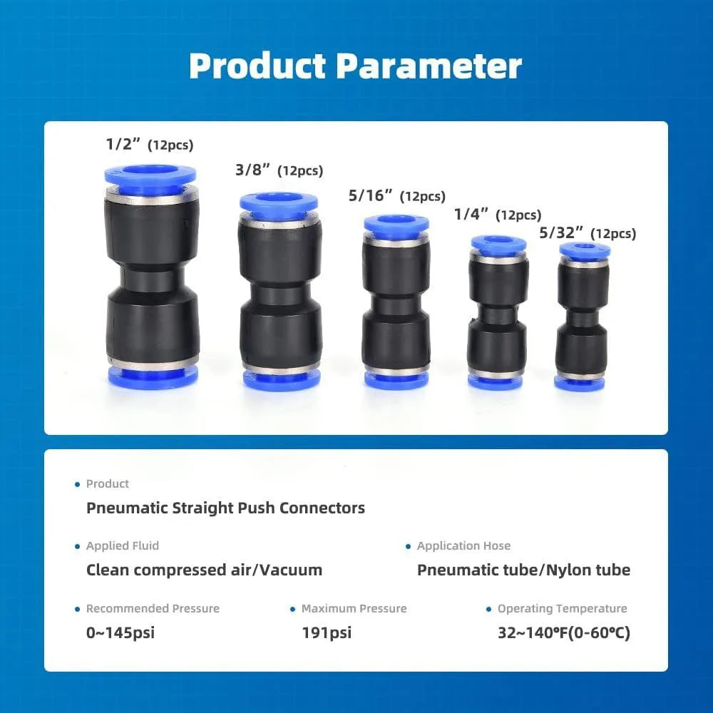 60-piece pneumatic push-in connector set for R1/4 and R1/2 air hose connections