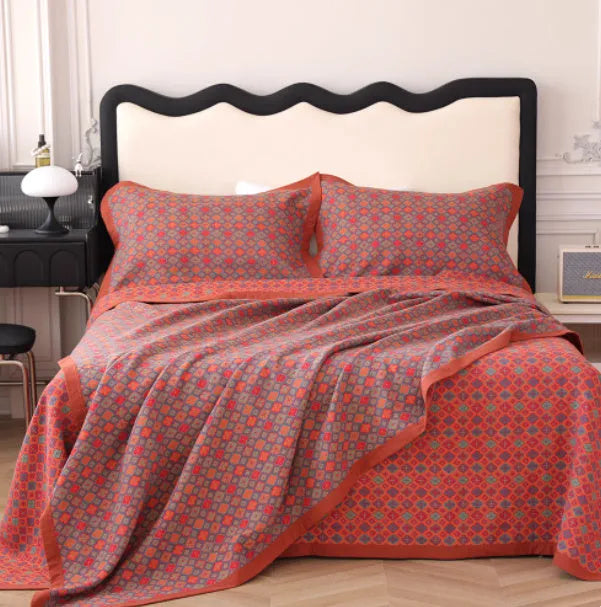 Cotton gauze bed blanket and pillowcase set with botanical plant and flower pattern design