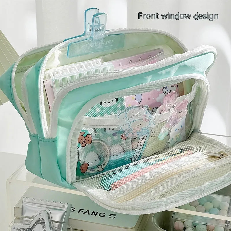 Double layer pencil case in solid colour with two compartments and gift handle for stationery organisation