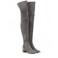 Grey suede women's over the knee flat boots with a pointed toe and thick low heel.