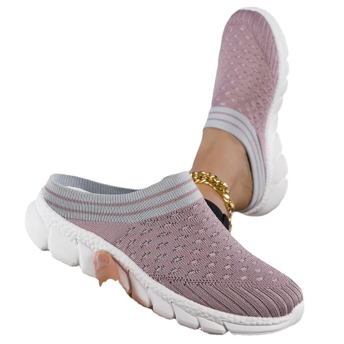 Women's striped flyknit shoes with height-increasing sole and hollowed-out design in three colour options