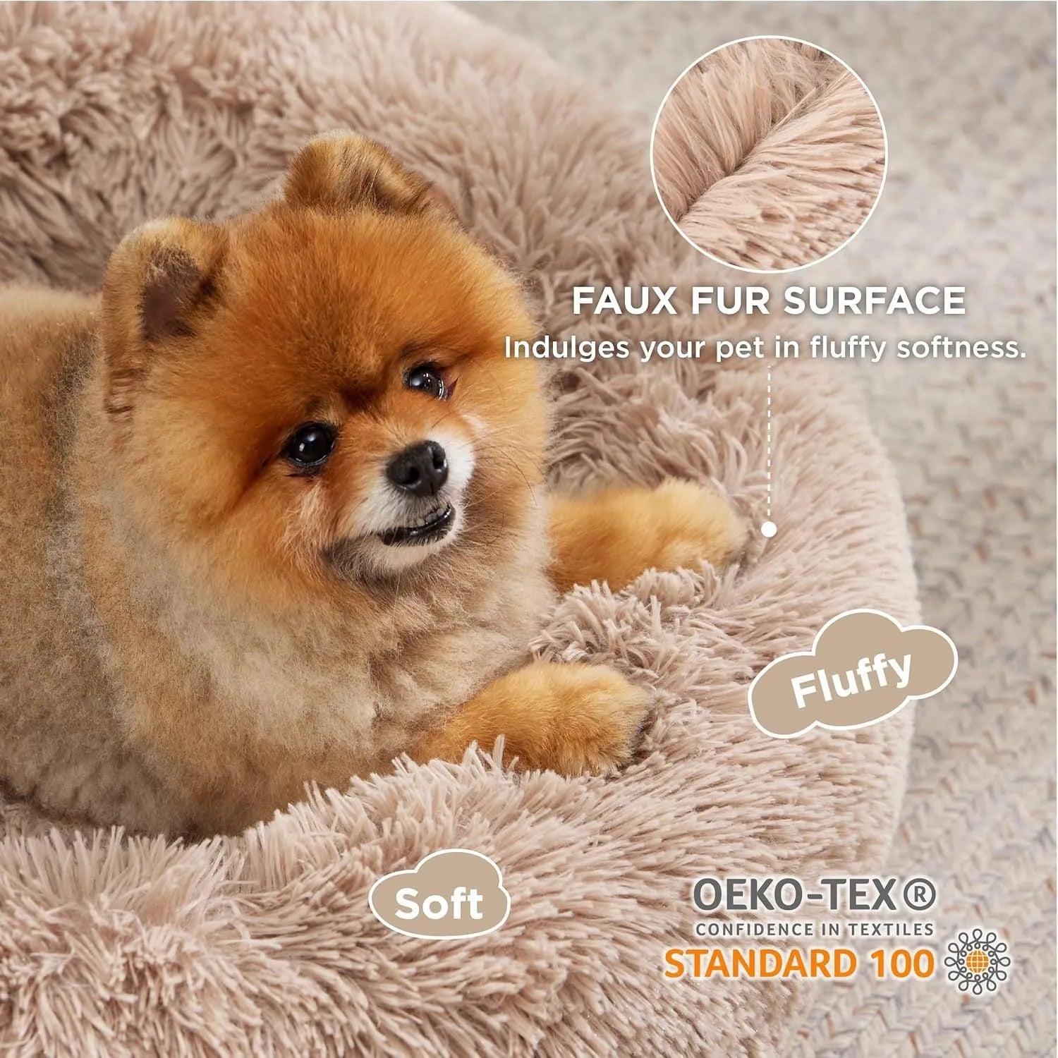 Indoor non-slip round fluffy plush pet bed for dogs in khaki, 60cm size, on a wooden floor