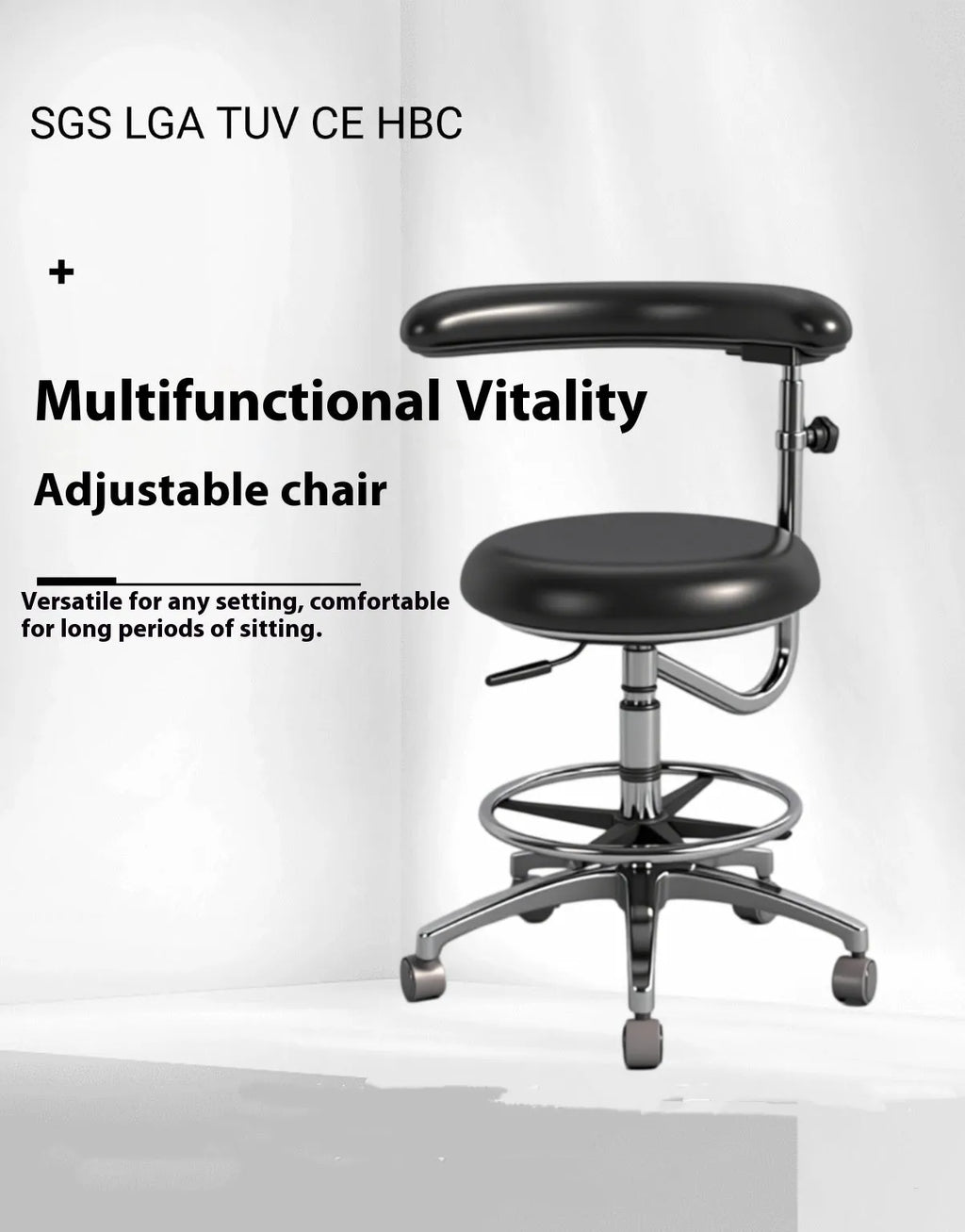 Black leather dental nurse chair with hydraulic lift mechanism for dental surgery positioning