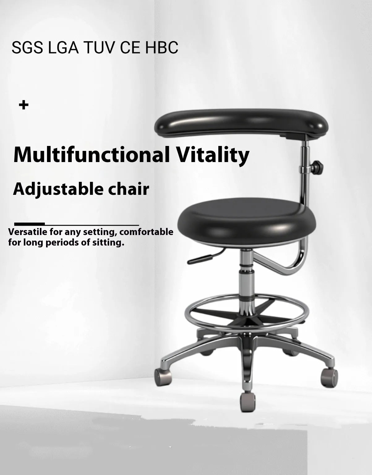 Black leather dental nurse chair with hydraulic lift mechanism for dental surgery positioning
