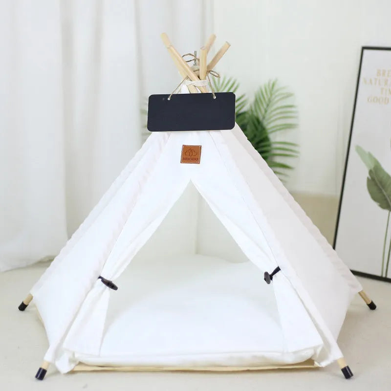White striped linen teepee tent pet bed with cushion for small dog or cat
