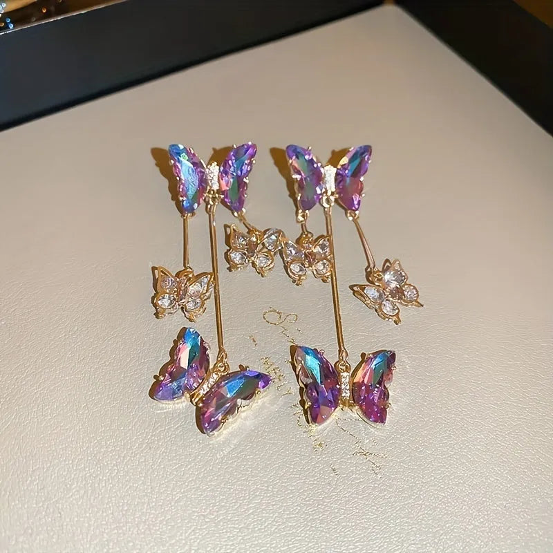 Silver needle blue purple butterfly crystal flower tassel earrings with electroplated alloy construction