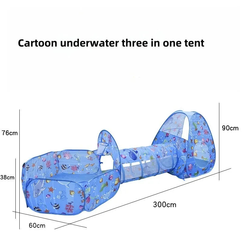 Children's three-in-one play tent with tunnel and ball pool in a cartoon submarine design.