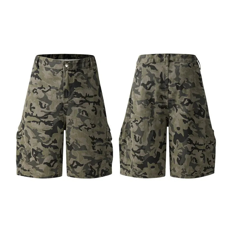 Retro grey washed cotton shorts with a zipper fly and loose fit on a mannequin.