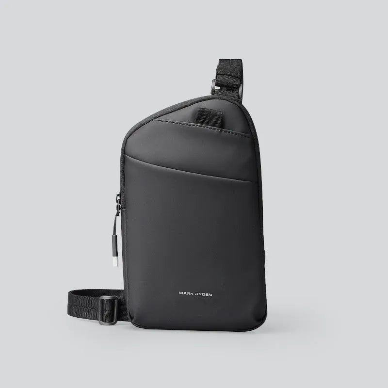 Men's black Oxford cloth crossbody bag with sewing thread detailing and single shoulder strap