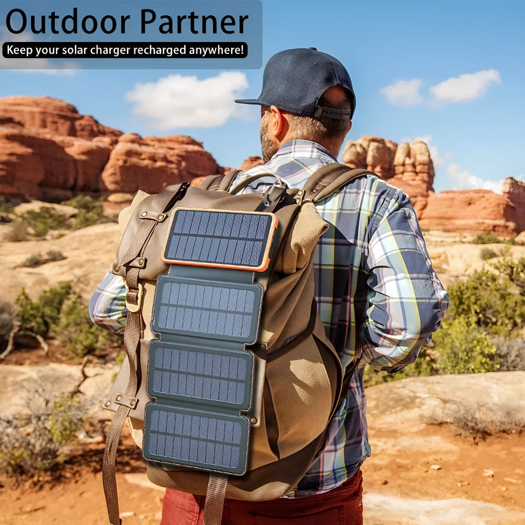 Outdoor rainproof solar phone charger with LED light in multiple colour options on a rustic surface.