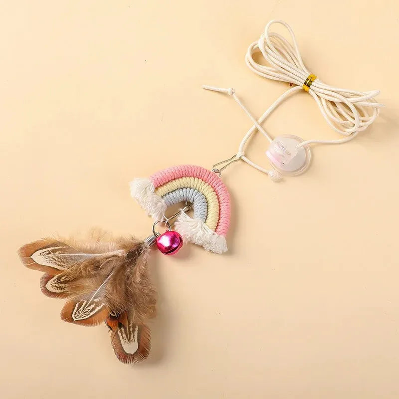 Feather cat rope door swing toy with elastic cord and sticky buckle clamp in blue, green and pink colours