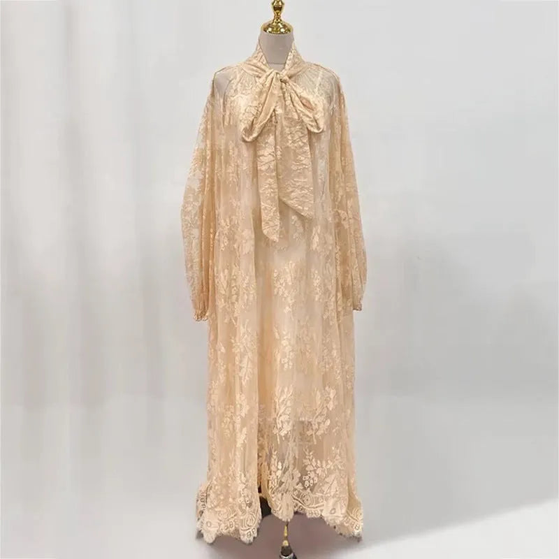 Women's hollow jacquard sling lace see-through ribbon dress, brown, with A-line skirt and lantern sleeves