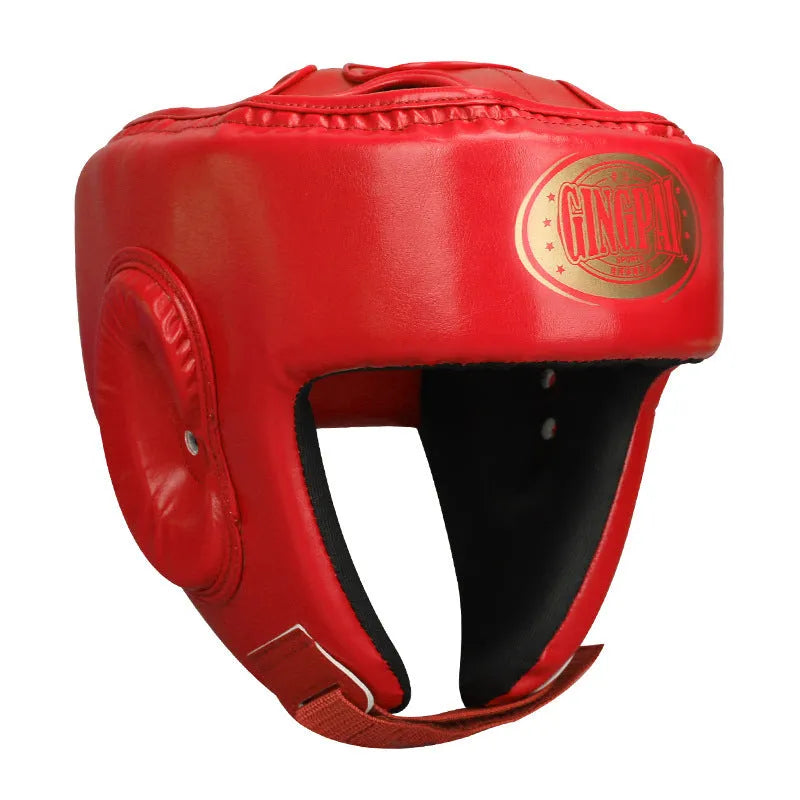 Fully enclosed PU boxing helmet with jaw protection in black, front view