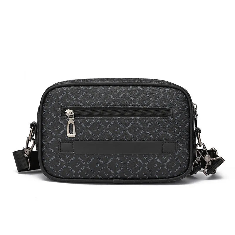 Men's black geometric pattern PU messenger bag with a shoulder strap, shown horizontally.