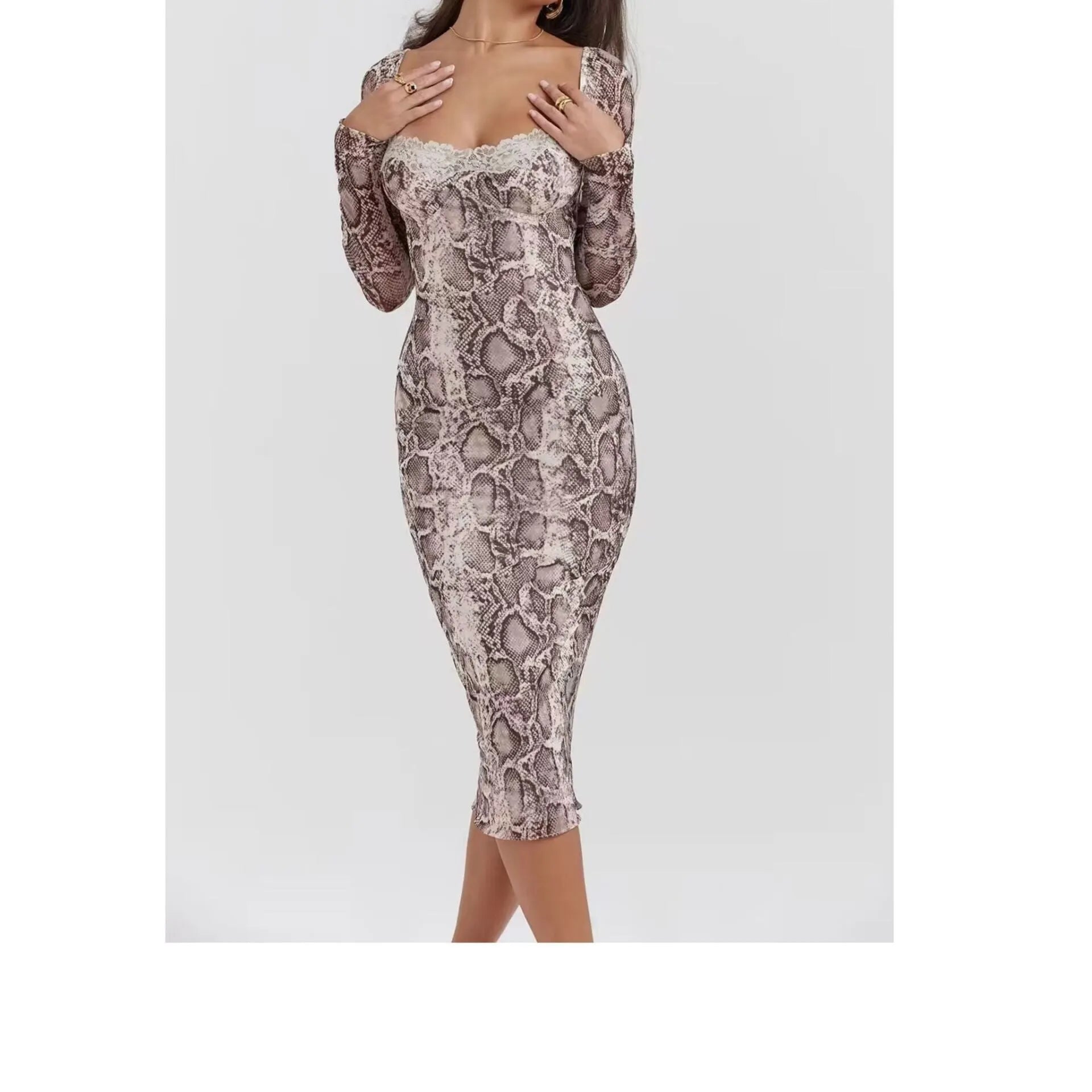 Grey slim fit women's lace dress with digital 3D print pattern, long sleeves, and A-line skirt.