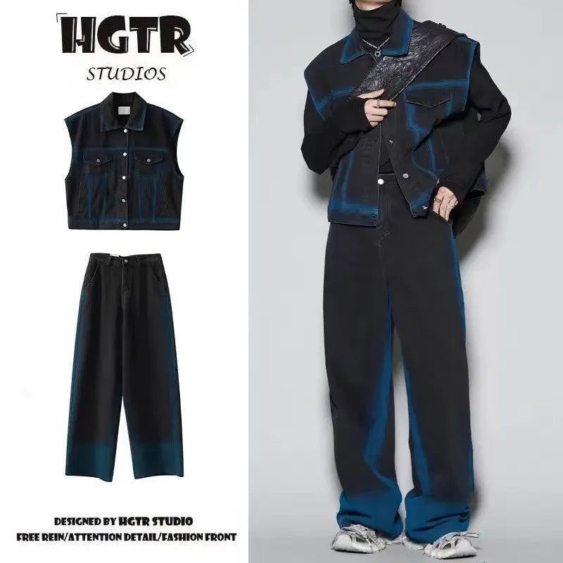 Distressed blue jeans and sleeveless vest two-piece set with spray colour gradient finish and fleece lining