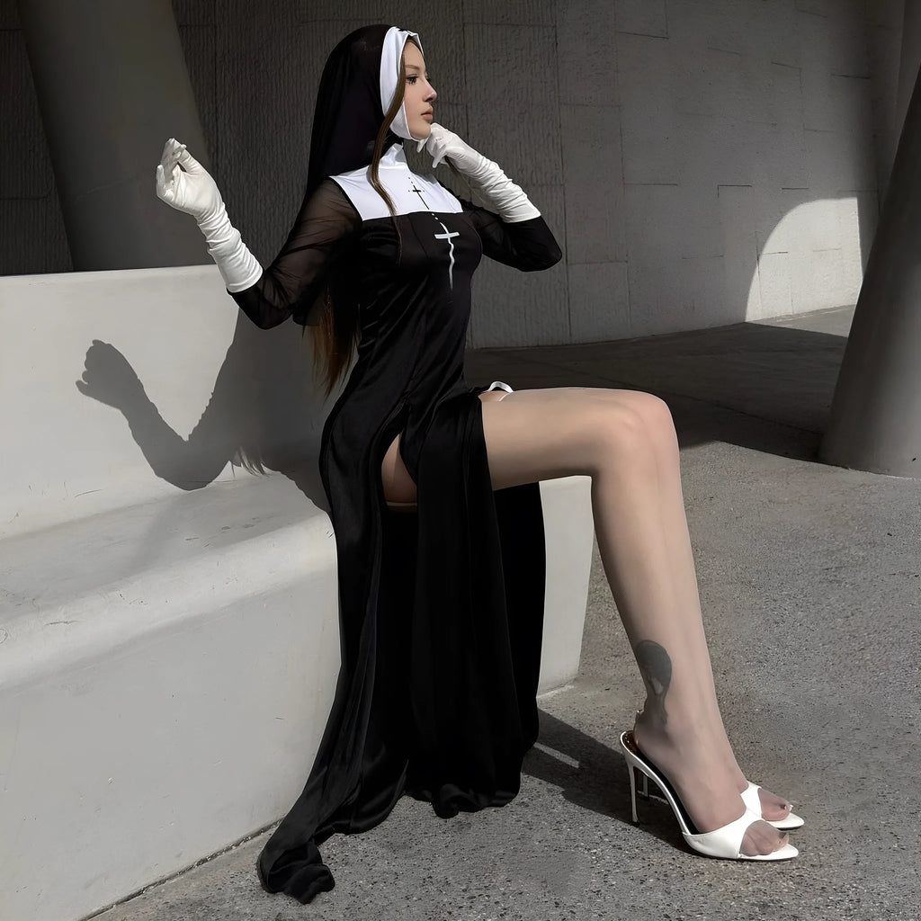 Black polyester women's nun costume dress with long sleeves for Halloween or cosplay