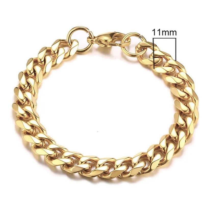 Gold six-sided Cuban link metal bracelet shown in various widths and colour options.
