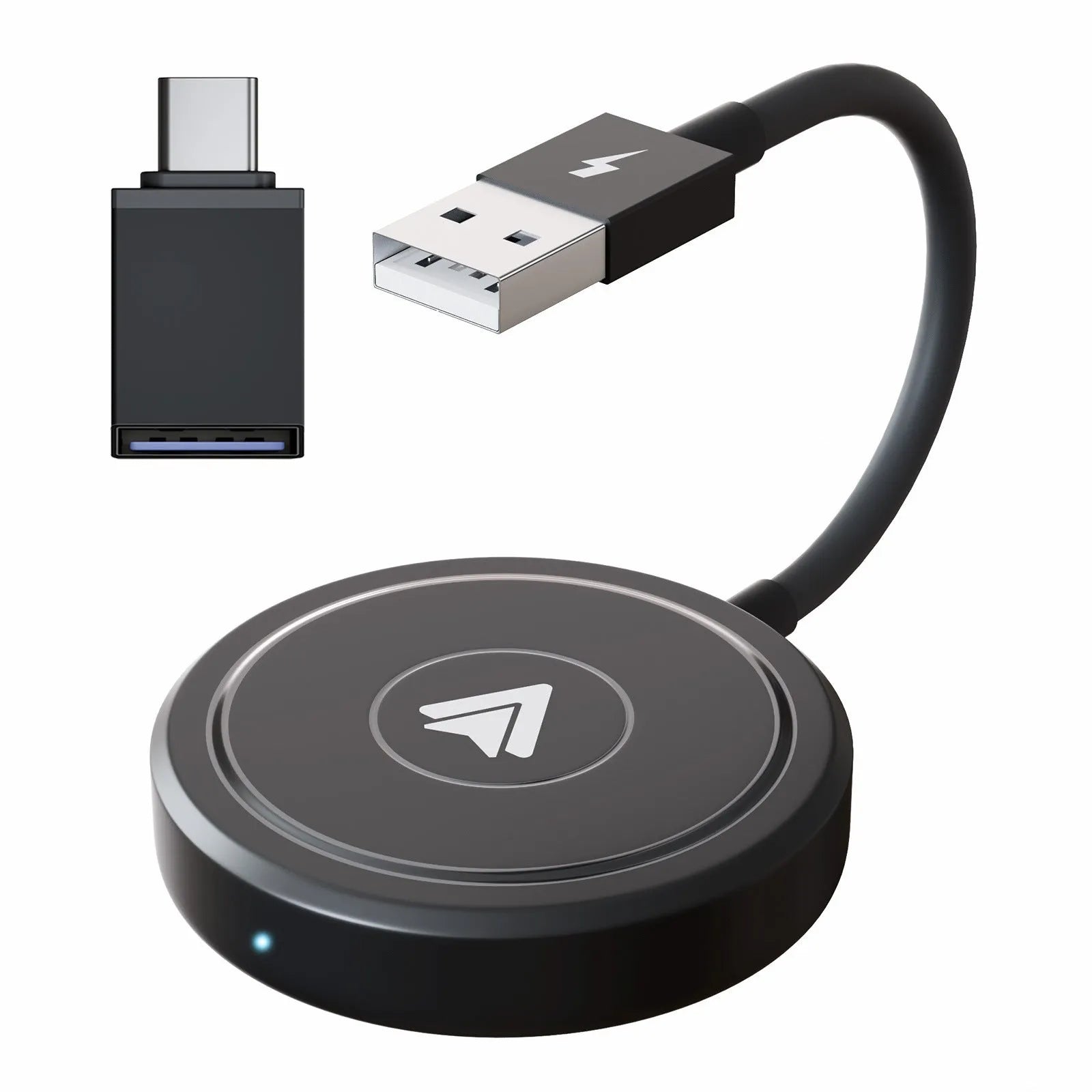 Black wireless Android Auto car adaptor connected to a car USB port with a smartphone displaying a navigation app wirelessly.