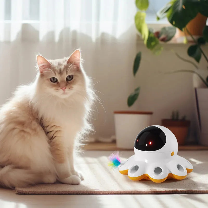 Automatic electric cat teaser toy with shiny spinning feathers in colourful plastic housing