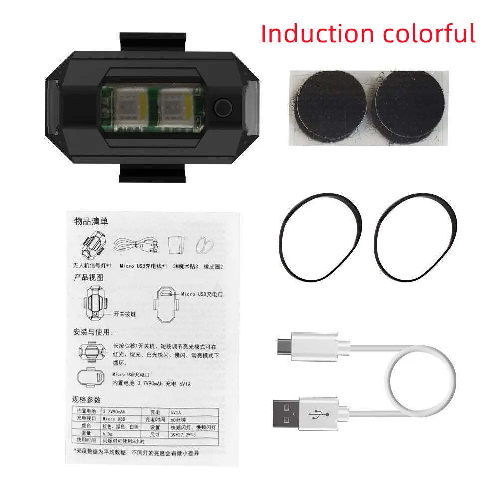 Drone signal light with RGB LED showing multiple colours, includes charging cable and mounting accessories