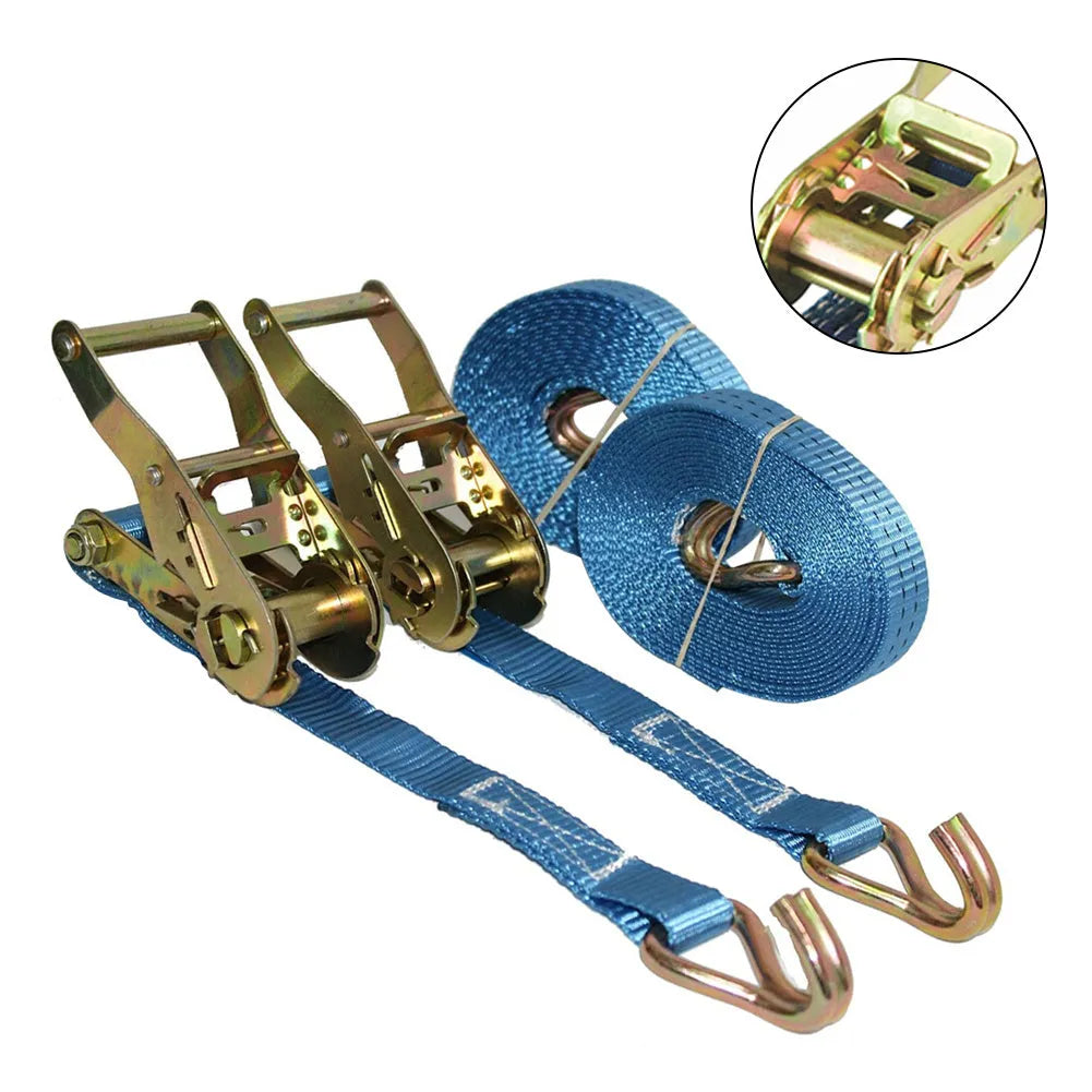 Steel ratchet tensioner strap with double triangle hooks and polyester webbing for cargo binding