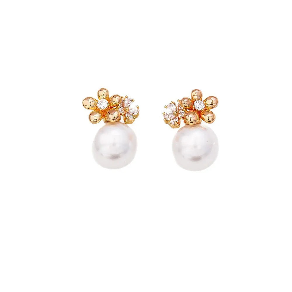 Flower inlaid zirconium pearl stud earrings real gold plated copper, gold and silver colour options