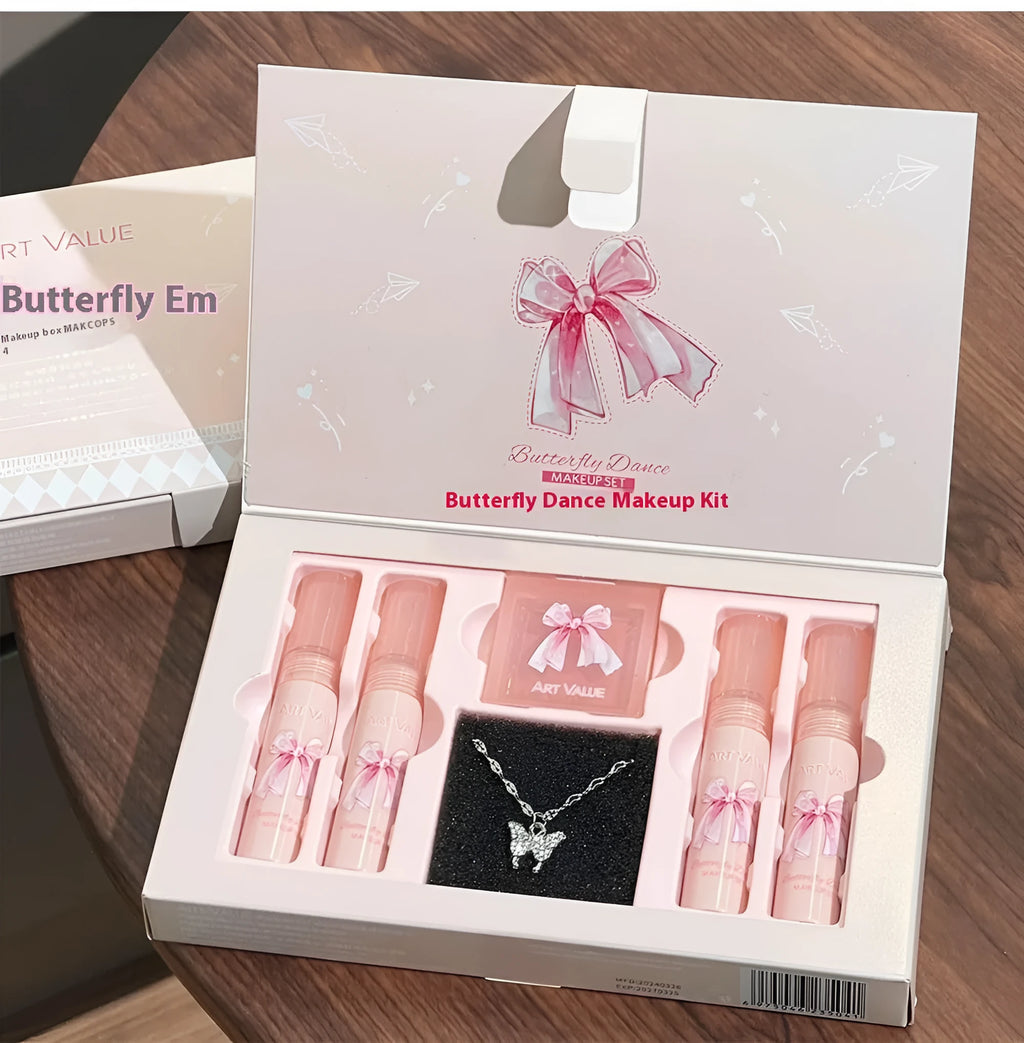 Butterfly Box makeup set with pink cosmetics and necklace