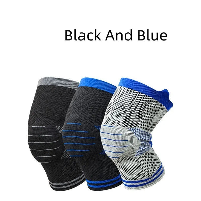 Cotton knee pad with silicone massage spring bar shock absorber in black and gray colour.
