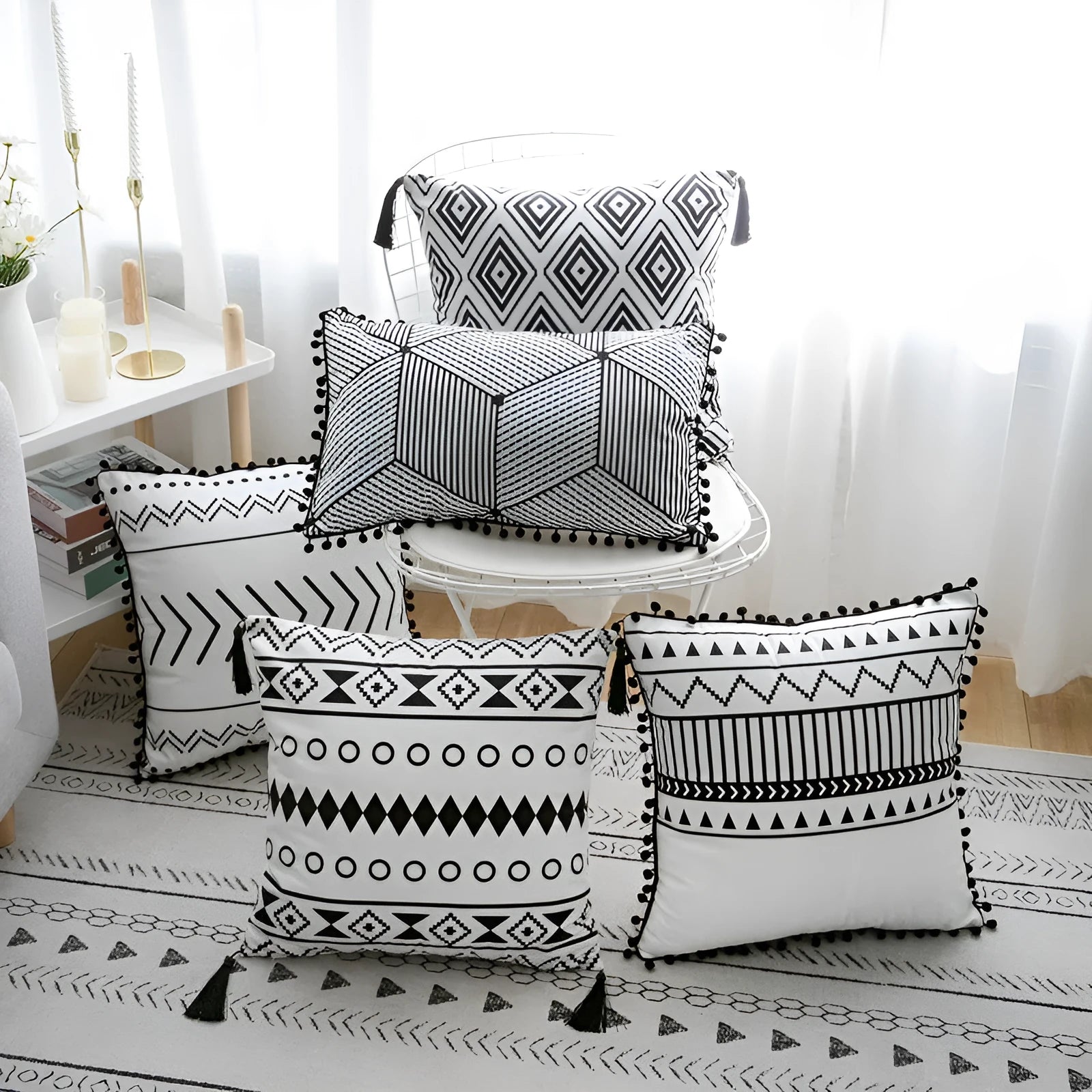 Bohemian style throw pillow on a sofa, available in light grey, black, or white, shown in 45x45cm size.