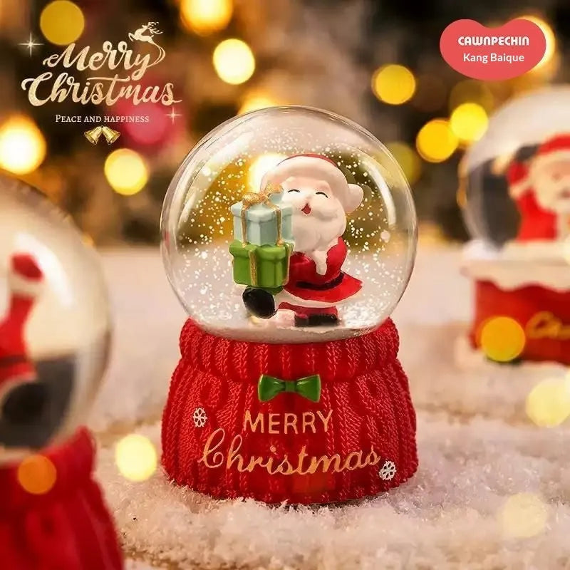 Christmas crystal ball music box with automatic snow, internal lights, and a Santa Claus scene inside a glass dome on a resin base